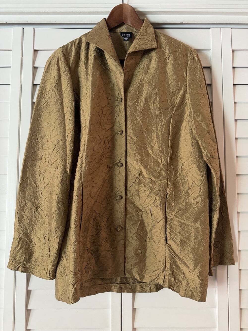 Eileen Fisher Women's Metallic Gold Crinkle Silk Blouse Size XS